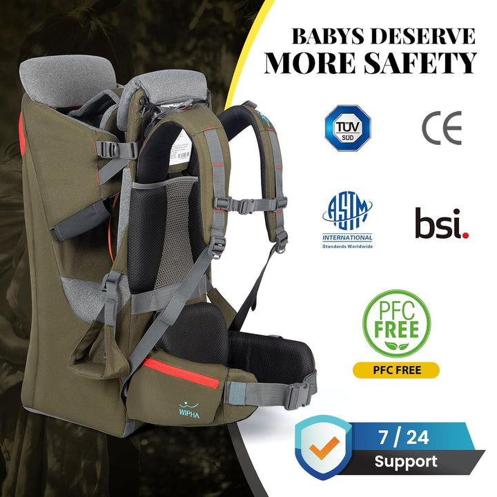 Baby Backpack Carrier, Ergonomic Child Carrier Hiking with Sun Canopy, Safe Toddler Hiking Backpack Carrier with Large Storage Space&Insulated Pocket, Adjustable Padded Child Seat