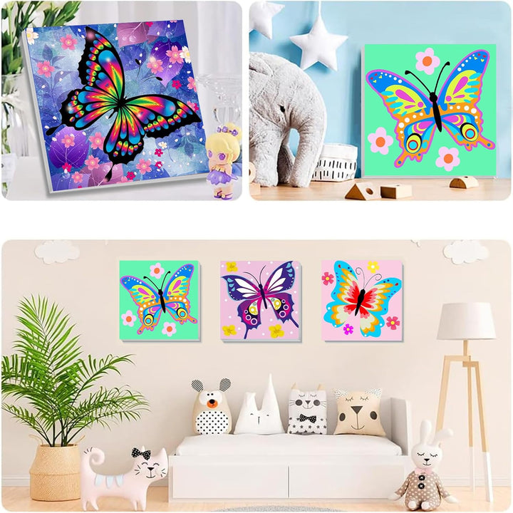 4 Pack Butterfly Paint by Number for Kids with Wooden Frame, Paint by Numbers for Kids Butterflies Ages 4-8-12, Easy Painting with Numbers DIY Acrylic Oil Painting Kits for Home Wall Decor (8X8 Inch)