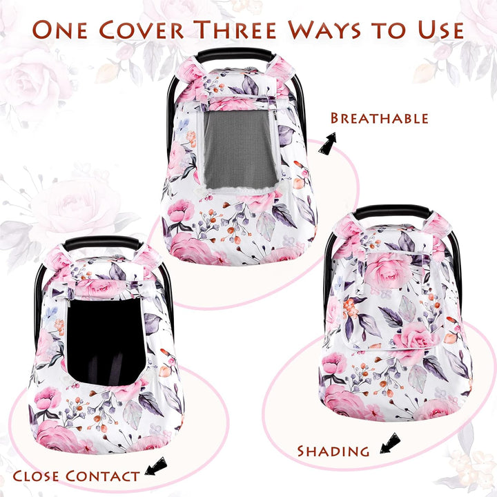 Floral Baby Carseat Cover Girls,  Infant Car Seat Covers Canopy for Newborn with 2 Layers Windows of Breathable Mesh/Fabric, Lightweight Polyester/Minky Dot Backing, Snug Fit Most Baby Car Seat