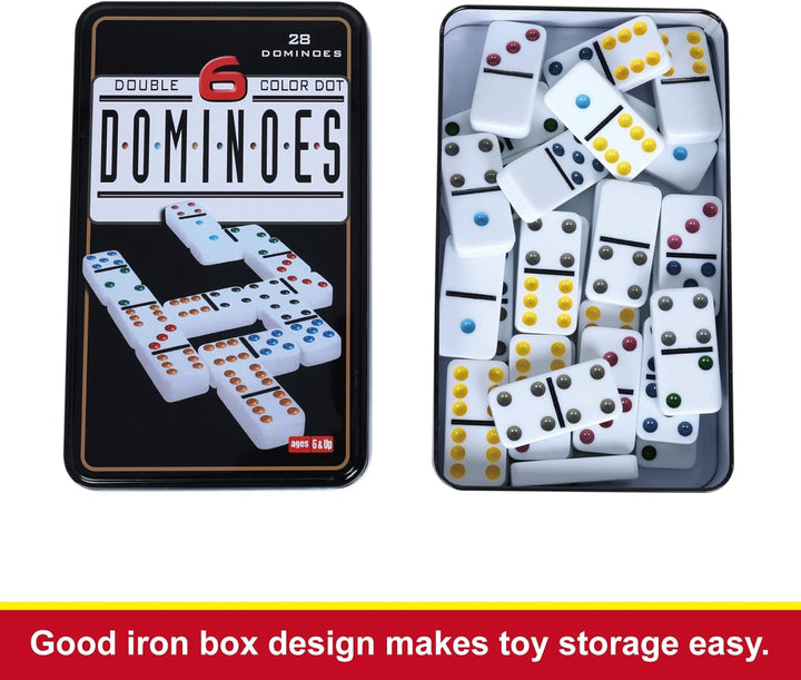Double Six Dominoes Set with Tin Box - 28 Color Double 6 Domino Tiles for Kids & Adults, Classic Family Board Games for 2-4 Players, Travel, Party