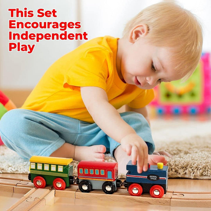 Wooden Train Set 35 Piece All in One Wooden Toy Train Tracks Set with Magnetic Trains and Railway Accessories, Comes in a Clear Container, Compatible with All Major Brands