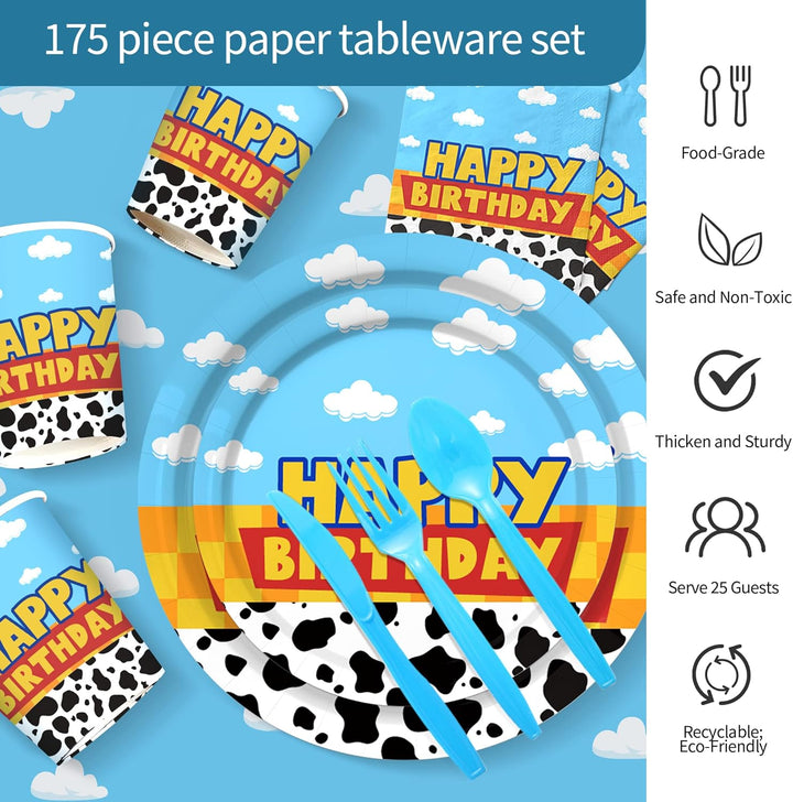 175Pcs Cartoon Birthday Party Supplies Cow Print Birthday Party Decorations Cartoon Plates and Napkins Tableware Set Blue Cloud Cow Print Party Supplies Kids 1St 2Nd 3Rd 4Th Party Decor