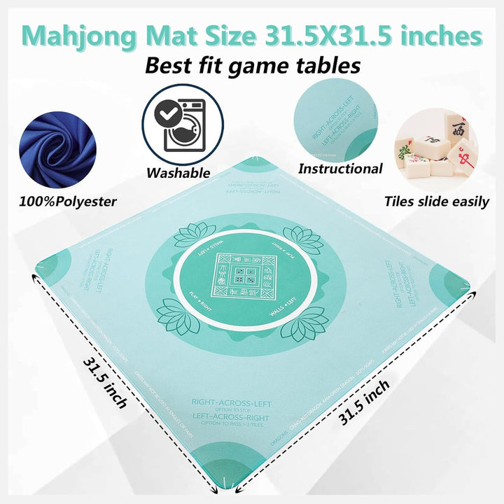 Anti Slip Mahjong Mat with Rules, Noise Reduction American Mahjong Table Mat & Cover for Poker, Card, Board & Tile Games, 31.5 in X 31.5 Inch (Green)