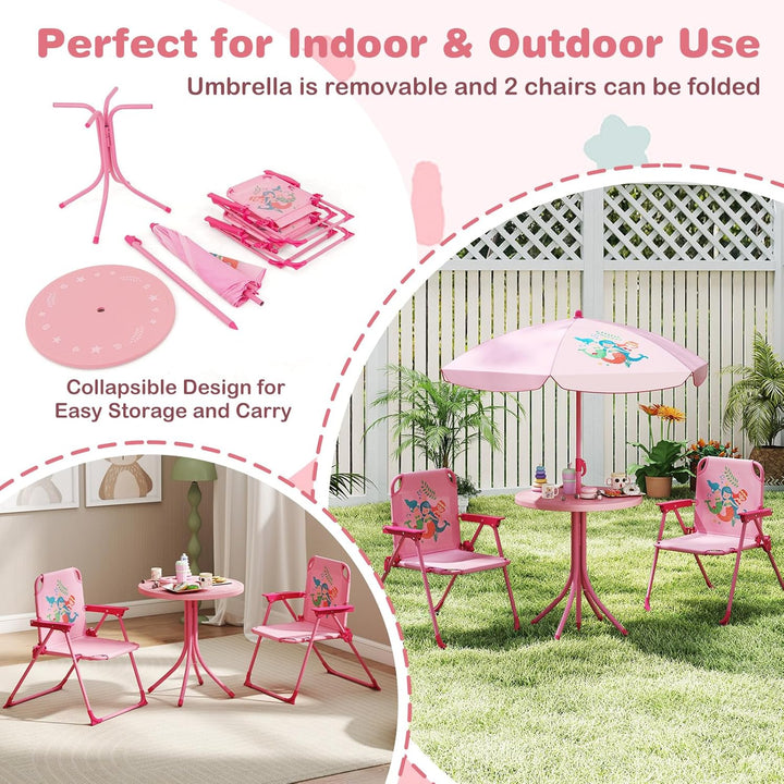 Kids Picnic Table with Umbrella, Kids Outdoor Table with 2 Folding Chairs, Height Adjustable Umbrella, Portable Kids Outdoor Furniture for Backyard, Garden, Patio (Pink)