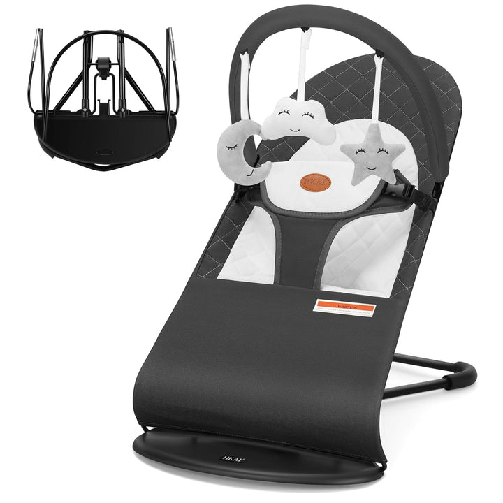 Baby Bouncer, Portable Baby Bouncer Seat for Babies 0-18 Months, 100% Cotton Fabrics, 3 Modes of Use with Rocker and Stationary Options, Infant Rocker Chair with Hanging Toys-Dark Grey