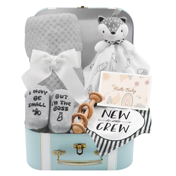 Baby Shower Gifts, Baby Boy Gifts Basket Includes Newborn Blanket Baby Lovey Security Blanket Wooden Rattle Toy, Funny Baby Bibs Socks & Greeting Card - Baby Gift Set Newborn Shower Basket