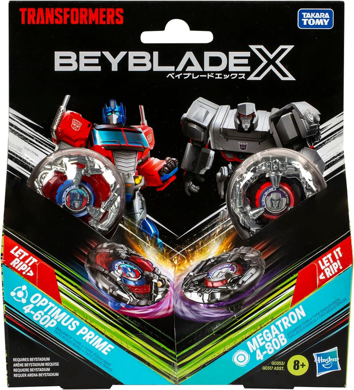 X Transformers Collab Optimus Prime 4-60P Vs. Megatron 4-80B Multipack Set with 2 Tops & 2 Launchers; Battling Top Toys for 8 Year Old Boys & Girls (Amazon Exclusive)