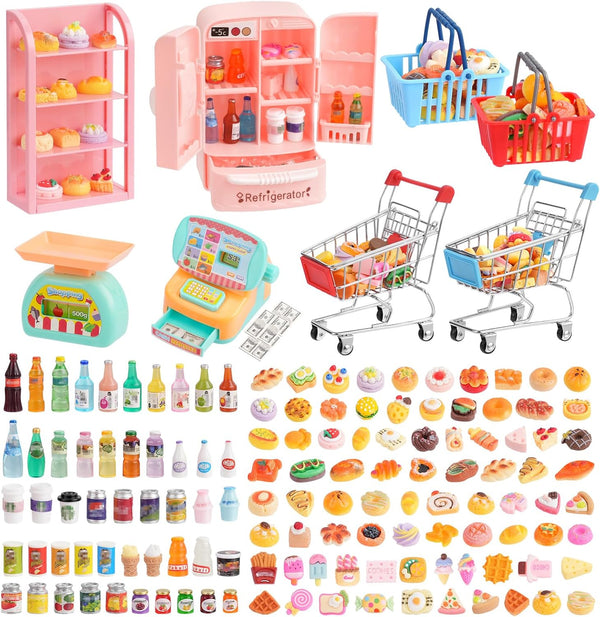 165Pcs Mini Shopping Cart Basket Miniature Food Drink Toy Supermarket Metal Handcart Shelves Cash Register Fridge Food Scale Trolley Dollhouse Store Grocery Accessories Kitchen Play Game Party Model