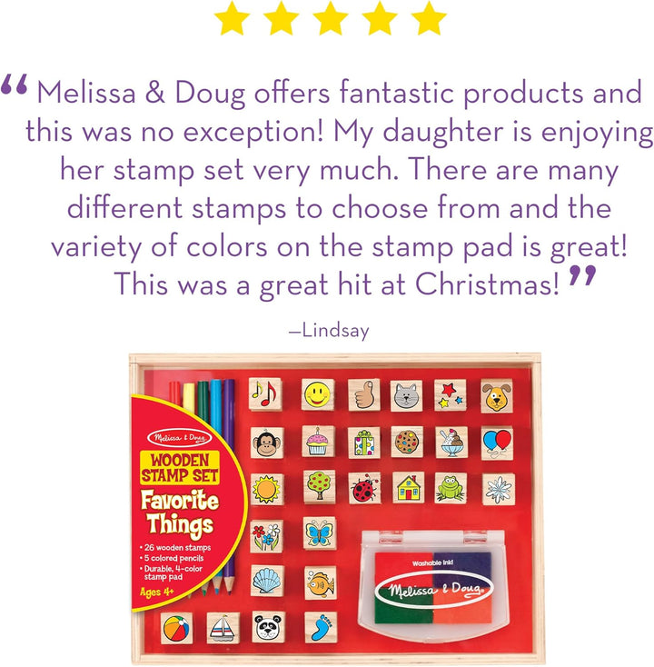Wooden Stamp Set, Favorite Things - 26 Wooden Stamps, 4-Color Stamp Pad