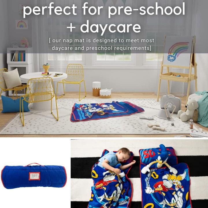 Sonic the Hedgehog 21"(W) X 45"(L) Soft Toddler Nap Mat with Pillow and Blanket Perfect for Preschool, Daycare, and Travel (100% Official Licensed Product)