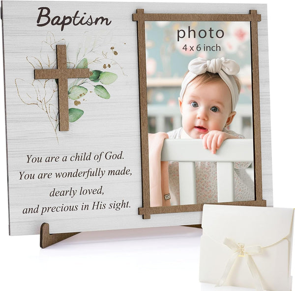 Baptism Photo Frame with Gift Box 4 X 6 Inch Baptism Wooden Picture Frame Catholic Keepsake Gifts for Girl Boy Baby Shower Godchild New Baby Religious Christening Party Favors(Leaf)