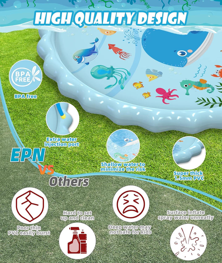 Splash Pad, Extra Large Sprinkler Play Mat Fun for Kids, Thicker Summer Outdoor Water Toys Toddler Pool for 3-12 Years Old Children Boys & Girls (102.3")