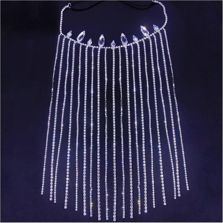 Zircon Rhinestone Long Tassel Hair Chain Wedding Bling Elastic Head Chain Jewelry Bride Accessories for Women(Gold-Color)