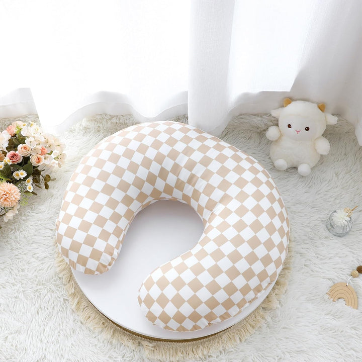 Nursing Pillow Cover, Stretchy Removable Case for Breastfeeding Pillows, Ultra Soft Comfortable Slipcover for Baby Girl and Boy, Light Brown Checkerboard