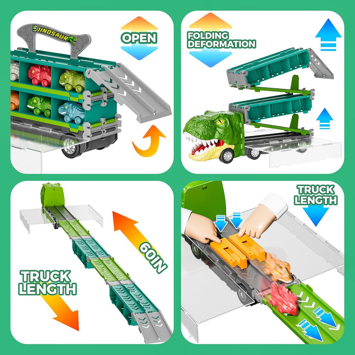 13 in 1 Dinosaur Toys Car for Kids, Dinosaur Transport Truck Track Set, Toddler Boy Toys Age 2-4 1-3, Birthday Gifts Toy for 3 4 5 6+ Year Old Boy,Foldable Track & Race Mode W/ 6 Dino Car & 6 Race Car