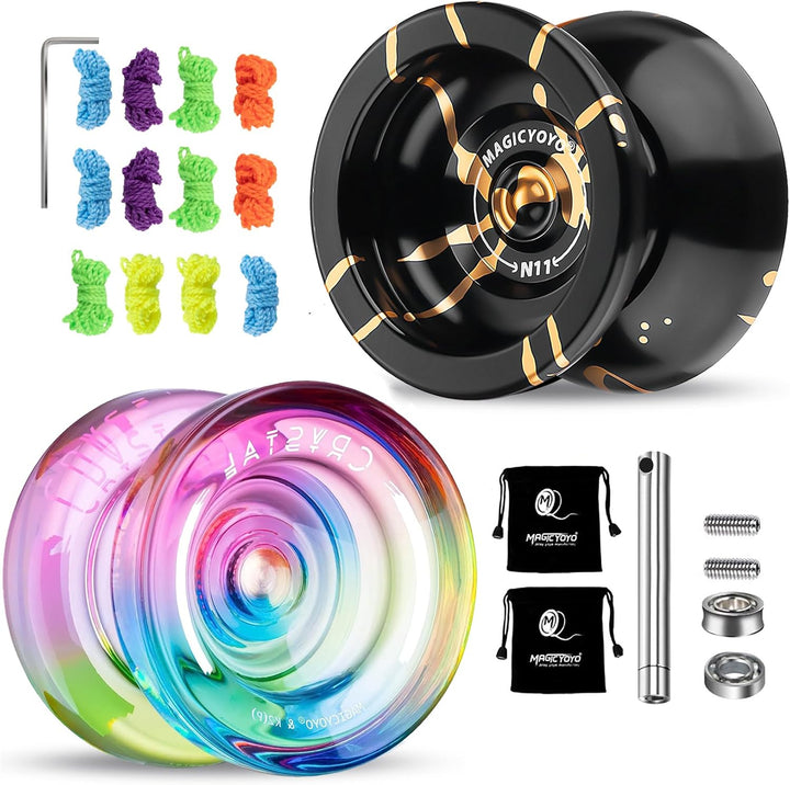 N11 Professional Unresponsive Yoyo N11 Dual Purpose Alloy Trick Yoyo Ball (Black with Golden) with Bag, Glove, 12 Yoyo Strings and Responsive Bearing Kit