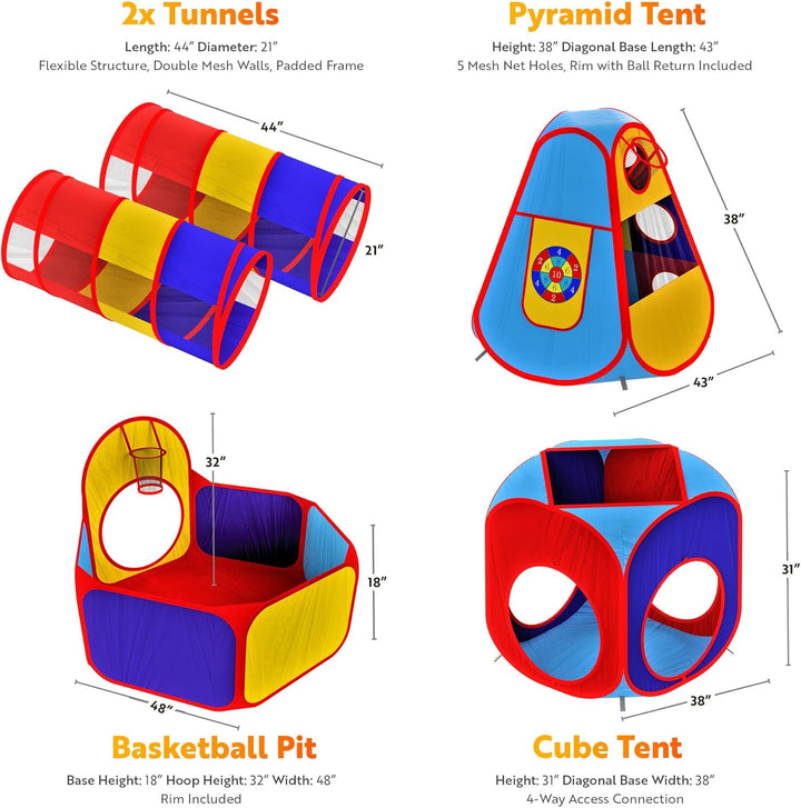 5Pc Kids' Play Tents & Tunnels - Ball Pit for Toddlers, Basketball Hoop, Crawling Tubes, Pop-Up Playhouses, Baby Obstacle Course for Indoor or Outdoor Use