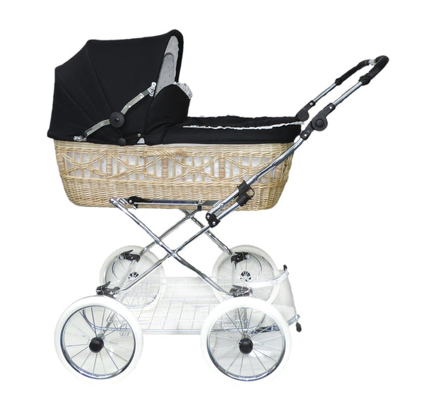 Wicker Basket Pram with Leather Strap Frame with Sliding Height Adjustment Basket Natural Willow