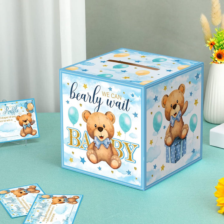 51 Pieces Bear Diaper Raffle Box with Tickets for Baby Shower Game Decoration Gender Reveal Party Blue Diaper Raffle Sign Bear Themed Insert Card Ticket Invitation Advice and Wishes