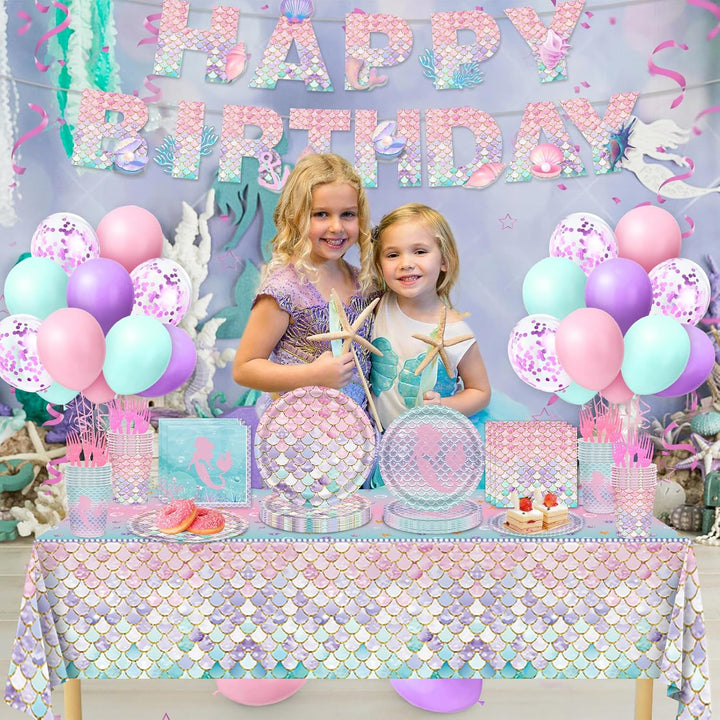 Mermaid Birthday Decorations, 147Pcs Mermaid Party Supplies-Serves 24 with Plates and Napkins Tablecloth and Birthday Banner Balloons for Mermaids Girl Birthdays Decorations