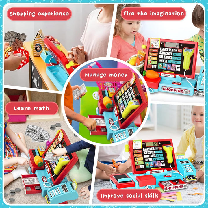Cash Register Playset Toy for Kids, Real Calculator Register, Pretend Play Store with Music, Scanner, Play Money, Food, Preschool Learning Toy Playset Gift (Blue Red)