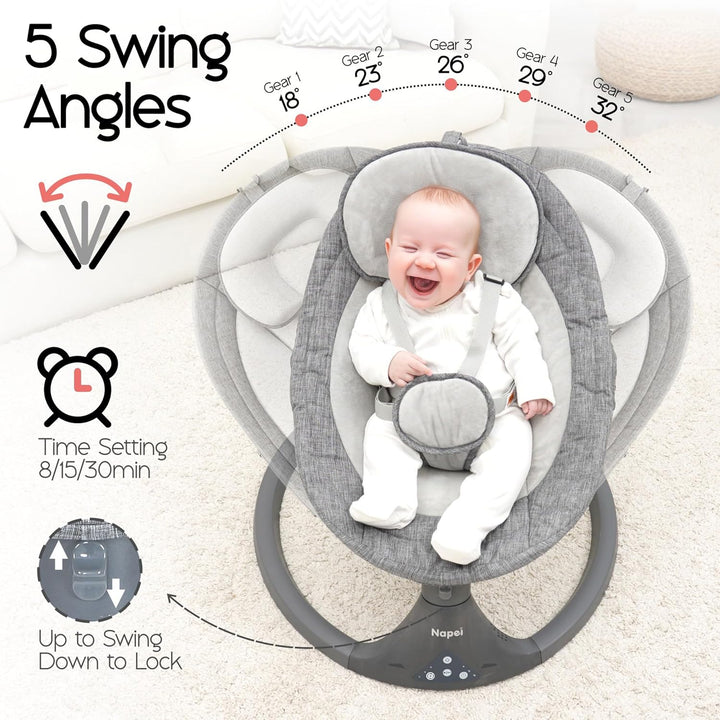 Baby Swings for Infants to Toddler, Electric Baby Swing and Infant Swings for Newborn, 10 Music with Remote Control and Bluetooth, 5 Swing Angles with Gentle Speed, 2 Seat Position, 0-9 Month (Gray)