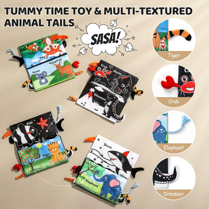 3PCS High Contrast Black & White Baby Toys - Tummy Time Mirror Infant Toys with Crinkle Cloth and Teether, Visual Stimulation Sensory Books for Newborns 0 3 6 12 Months, Shower Gift, Stocking Stuffers