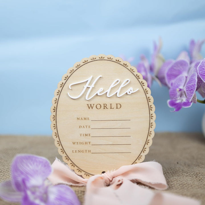 Baby Announcement Sign 6.5 Inch Wooden Hello World Newborn Welcome Sign Birth Baby Name Plaques for Photo Props Baby Shower Hospital Nursery (BOW CUT)