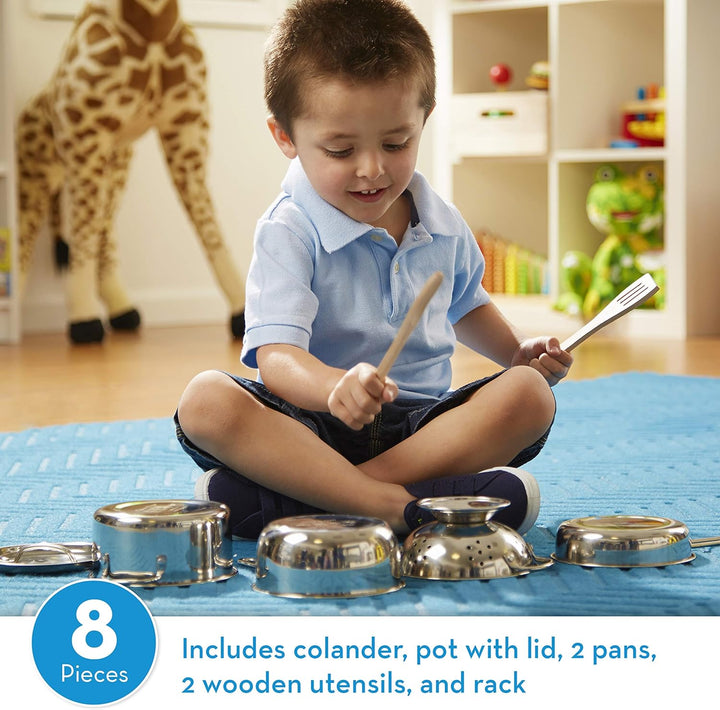 Stainless Steel Pots and Pans Pretend Play Kitchen Set for Kids (8 Pcs)