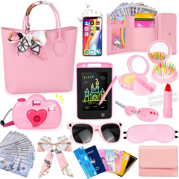 Play Purse for Little Girls, 35PCS Toddler Travel Purse with Handbag, Writing Tablet, Camera, Wallet, Fake Makeup, Girl Toys Includes Phone, Eye Mask, Pretend Play Toys for Girls Ages 3+