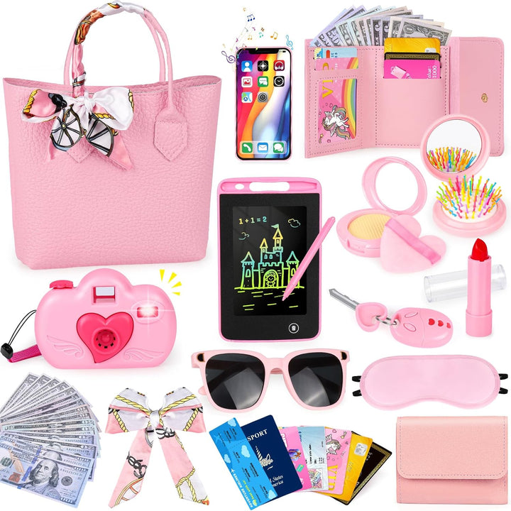 Play Purse for Little Girls, 35PCS Toddler Travel Purse with Handbag, Writing Tablet, Camera, Wallet, Fake Makeup, Girl Toys Includes Phone, Eye Mask, Pretend Play Toys for Girls Ages 3+