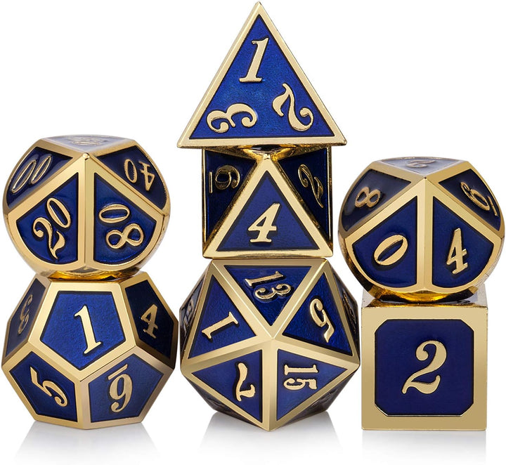 Metal Dice Set D&D, 7 Die Metallic Polyhedral Dice Set with Gift Metal Box and Gold Number for DND Dungeons and Dragons Role Playing Games (Black and Gold)