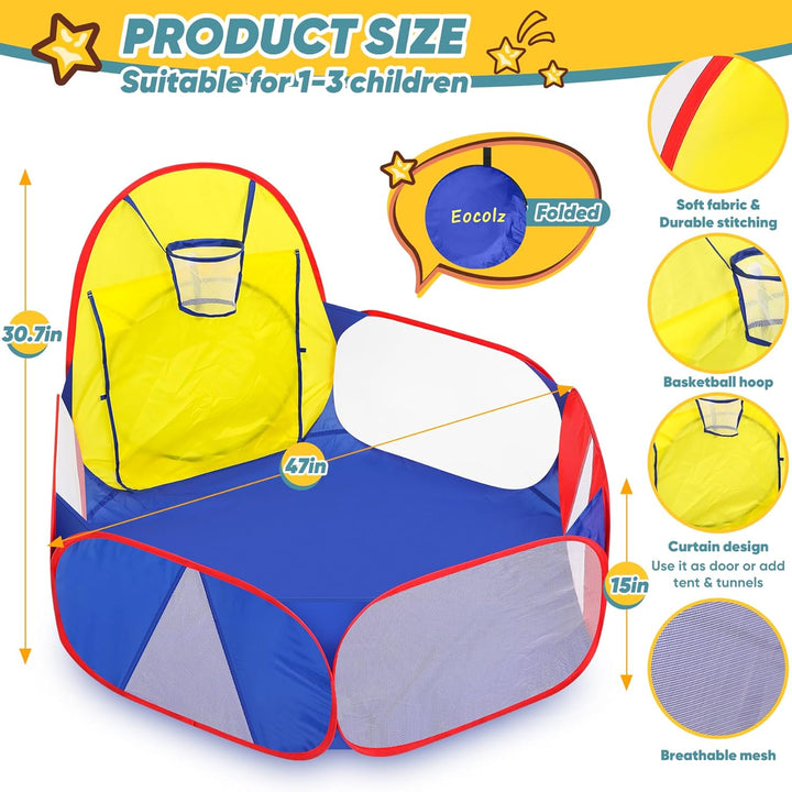 Kids Ball Pit Large Pop up Childrens Ball Pits Tent for Toddlers Playhouse Baby Crawl Playpen with Basketball Hoop and Zipper Storage Bag, 4 Ft/120Cm, Balls Not Included (Blue Yellow Red)