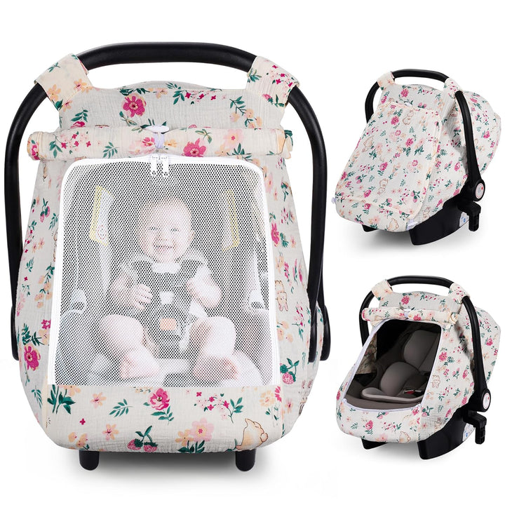 Car Seat Cover Baby, Carseat Covers Girl Boy, Breathable Muslin Cotton, Large Mesh Window, Infant Car Seat Canopy Baby Carrier Cover Stroller Sun Shade for Summer & Hot Day, Grey
