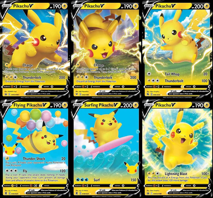 Pikachu Ultra Rare Card Lot - X6  Card Set - Pikachu V - Flying Pikachu V - Surfing Pikachu V