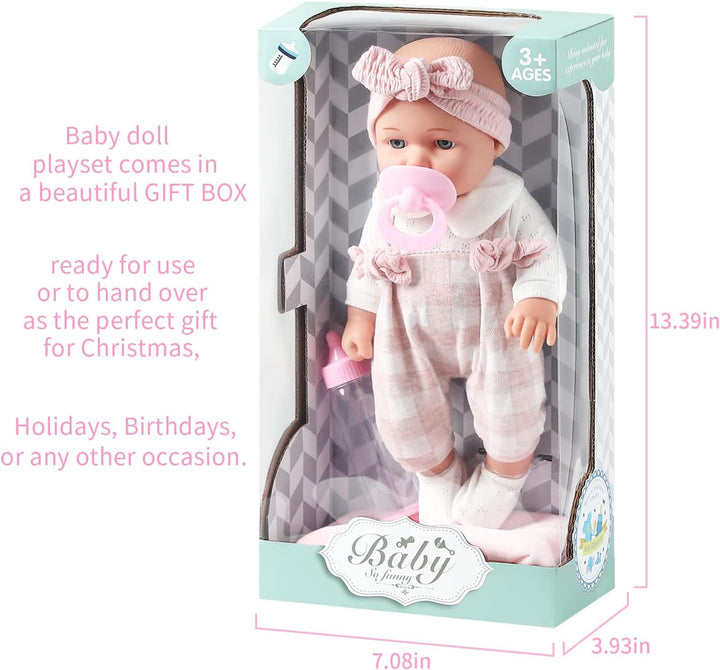 12'' Baby Doll in Gift Box with Pink Cloths, Pacifier, 13''X13'' Microfabric Blanket, and Feeding Bottle. Gift Idea for Ages 3+