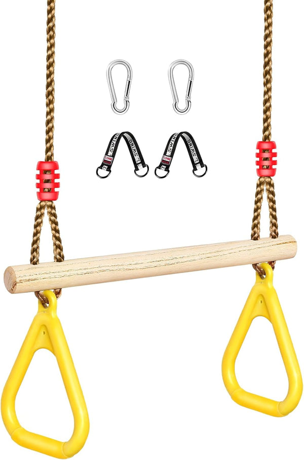 Wooden Trapeze Swing Bar, Adjustable Height Swing Set, Gym Rings, Playground Attachments, 16.5" Monkey Bar for Backyard, Playground, Playroom