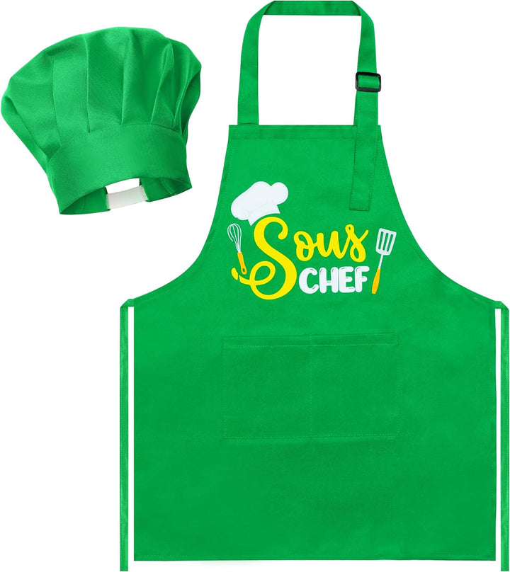 2 Pcs Kid Apron and Chef Hat Set, Adjustable Children Blue Kitchen Apron Cooking Baking Painting and Training Kits Dress up Role Play Chef Toy Kid Funny Cooking Gift New Year