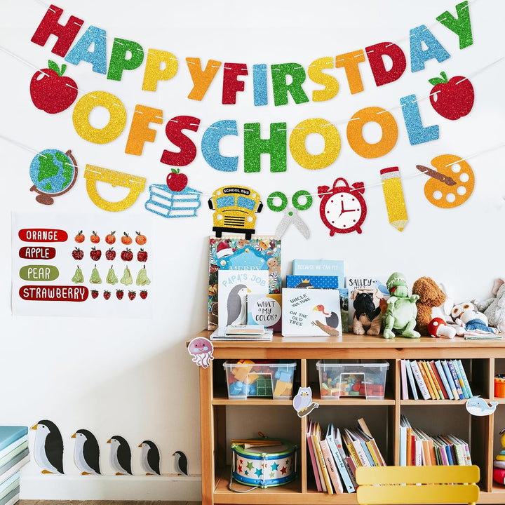 Happy First Day of School Banner, 3Pcs Welcome Back Banner Party Decorations for Children Kids Student Celebrating 1St Day of School Classroom Office Party Supplies Hanging Decor, Pre-Strung, NO DIY