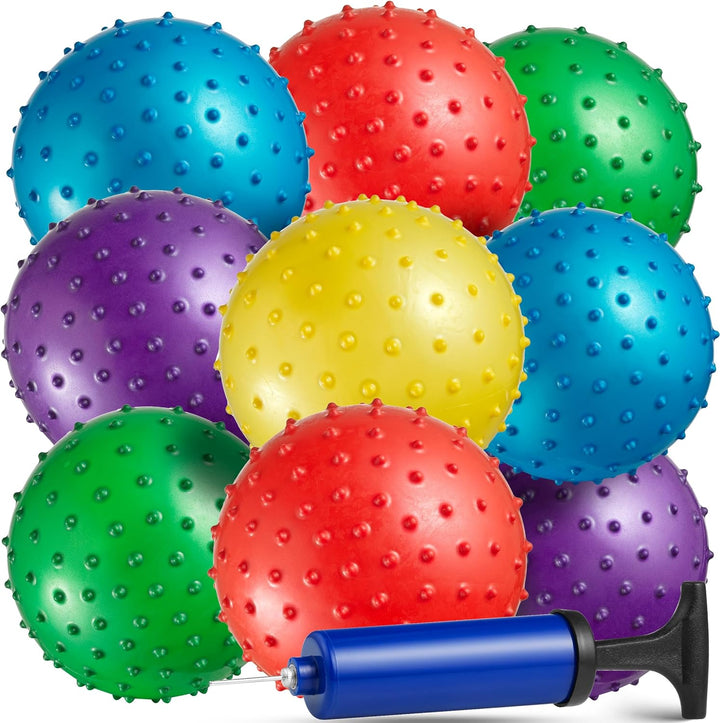 Mini Knobby Balls - (Pack of 12) Bulk 5 Inch Sensory Balls and Spiky Massage Stress Balls with Pump, Fun Bouncy Ball Party Favors
