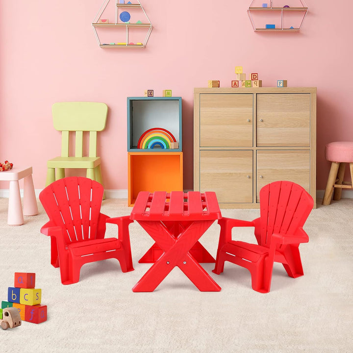 Kids Outdoor Table & Chair Set, Toddler Play Table with 2 Adirondack Chairs, 3 Pcs Kids Backyard Furniture, Stackable Design for Saving Space, for Beach, Garden, Lawn (Red)