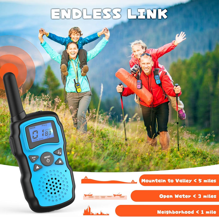 Walkie Talkies for Kids 4 Pack,Family Walky Talky Adults Children Radio Long Range,Outdoor Camping Fun Toys Birthday Present Xmas Gifts for 4 5 6 7 8 Year Old Girls Boys No Battery No Charger