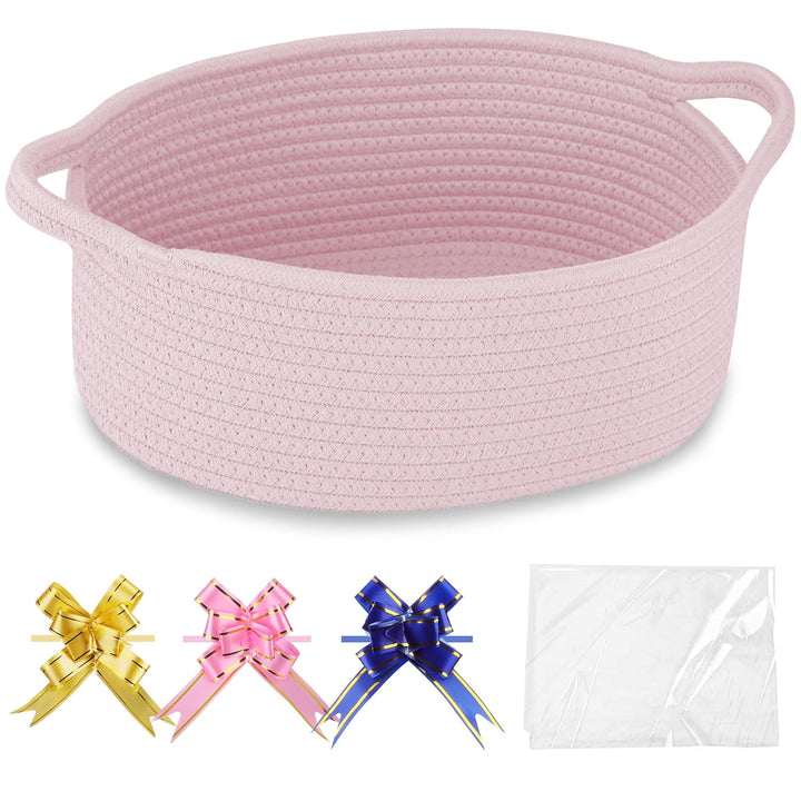 Small Woven Basket with Gift Bags and Ribbons, Gift Basket Empty, Cotton Rope Storage Organizer, Baby Toy Box with Handles, 12" X 8" X 5", Light Pink