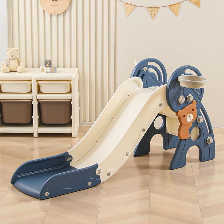 4 in 1 Toddler Slide,Freestanding Kid Slides,Baby Plastic Foldable Slides with Basketball Hoop and Ball,Indoor and Outdoor Toddler Playground Slide (Brown)