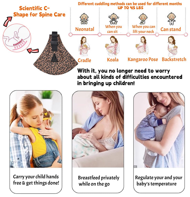 Baby Sling Carrier Adjustable Baby Sling 2025 Upgraded Toddler Sling Comfortable Baby Wrap Carriers Ergonomic-Designed, Travel Friendly Carrying 10-45 Lbsleopard