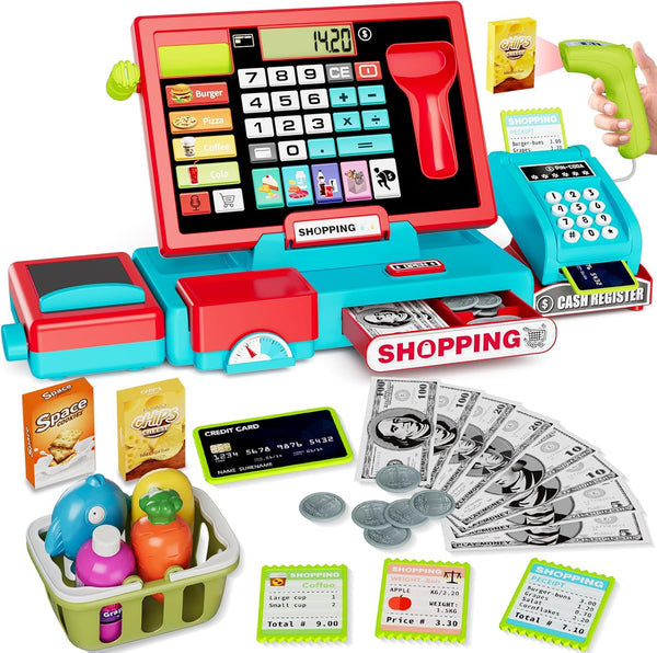 Kids Cash Register Toy Playset with Real Calculator, Toddler Pretend Play Store Incl Scanner/Credit Card/Play Money/Conveyor/Food Toys, Learning Toys Gifts for Boys Ages 4-8 8-12, Red