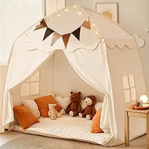Extra Large Kids Play Tent with Flags & Star Lights, Portable & Foldable Teepee, Boys & Girls, Indoor Outdoor Dome Tent Playhouse, 59X39X59 In, Cream