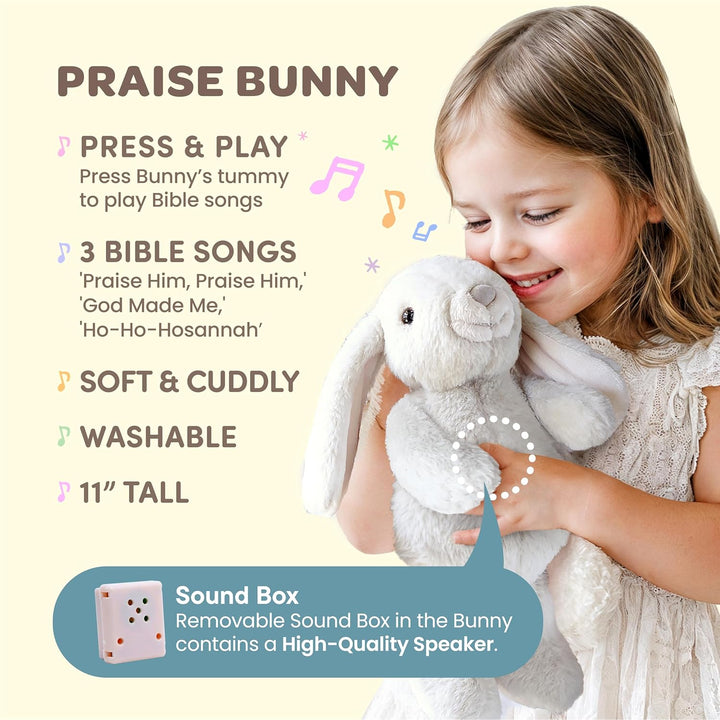Praise Bunny Christian Baby Gift Set – 11” Musical Plush with 3 Bible Songs, Blessing Book, Keepsake Box & Stickers – Perfect Baptism, Christening Gift for Boys & Girls