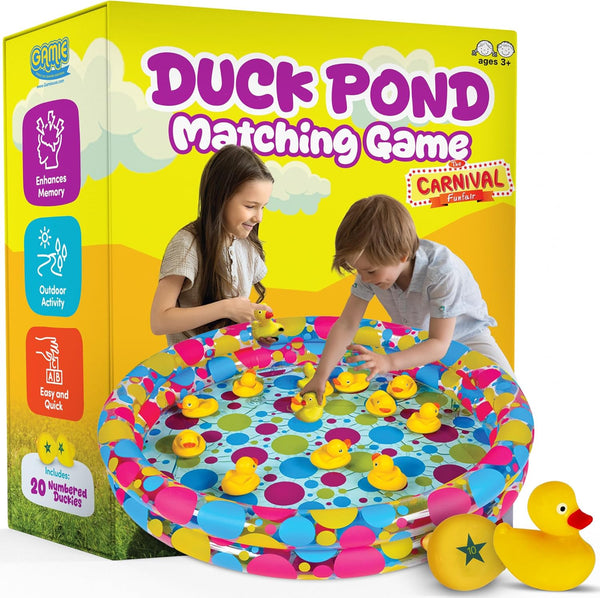 Duck Pond Matching Carnival Game for Kids, 36" X 6" Inflatable Pool & 20 Plastic Ducks with Numbers, Water Outdoor Game for Kids, Fun Memory Game for Backyard, Birthday Party Field Day Games