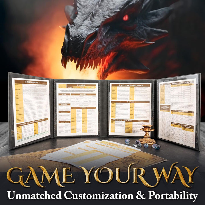 DM Screen for DND with 4 Wider Panels - Crystal Clear GM Pockets - Embossed Faux Leather Dungeon Master Screen with Celtic Knot & Dragon Design for D&D 5E & More